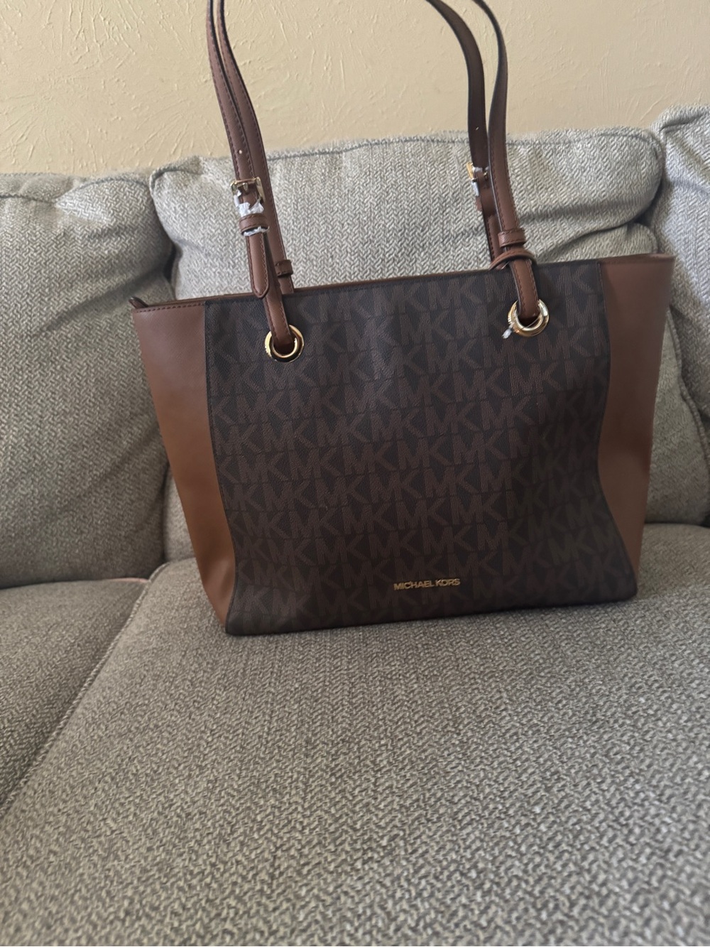 Michael Kors Dark Brown MK Logo Tote with Chestnut Trim - Picture 2 of 4